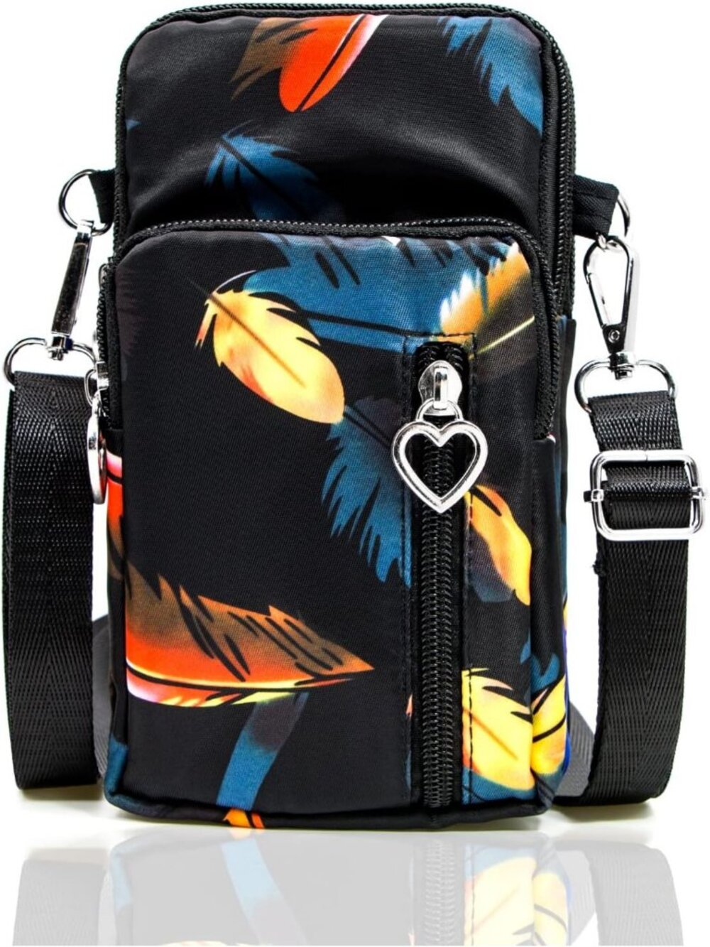 Women's Black Feathers Lightweight Small Cell Phone Travel Pouch Crossbody bags